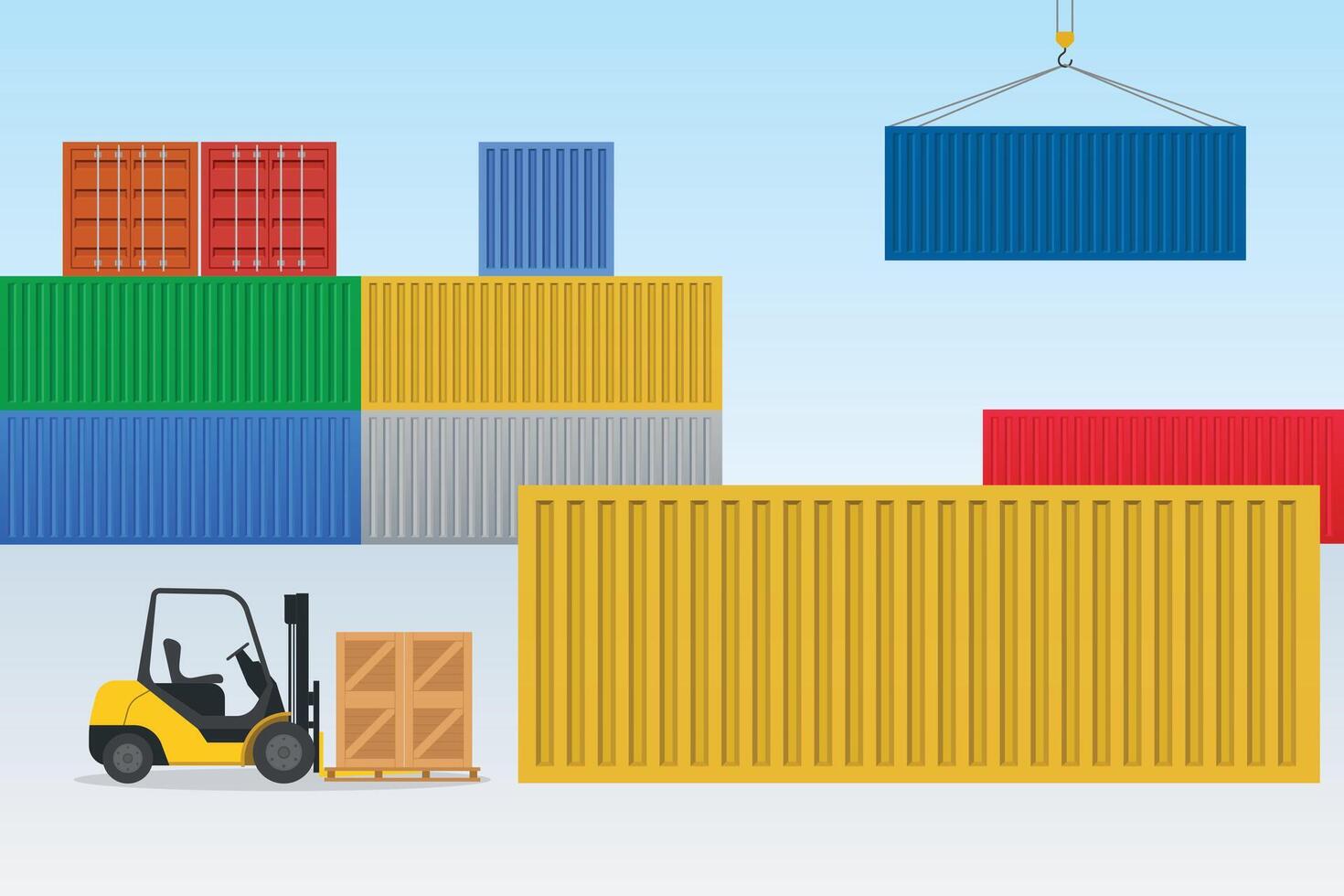 Forklift lifting boxes with container port background vector