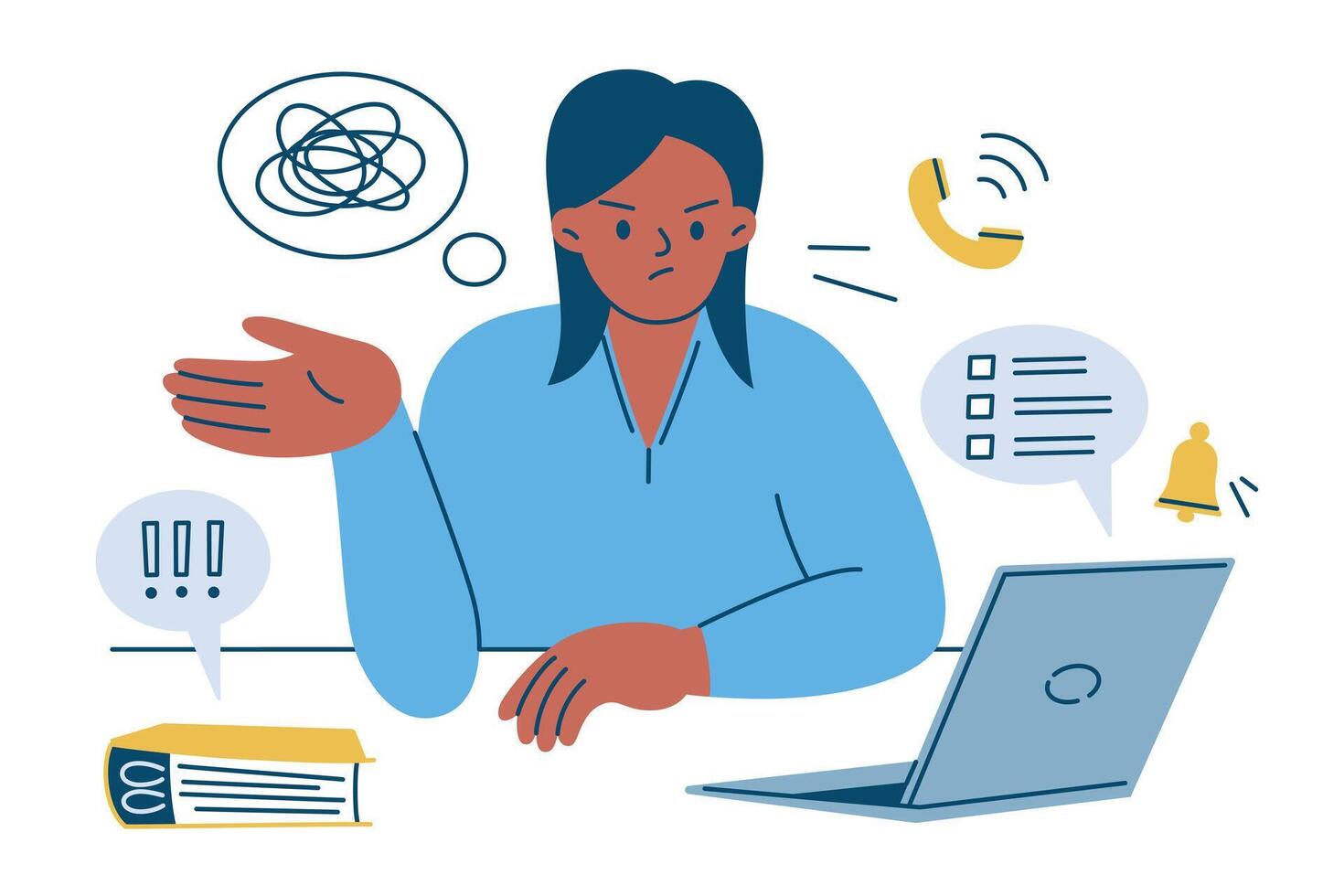 Overwhelmed woman at laptop, surrounded by notifications, messages, tasks, deadlines. illustration of multitasking, stress, mental overload, difficulty focusing. Concept of digital overwhelm vector