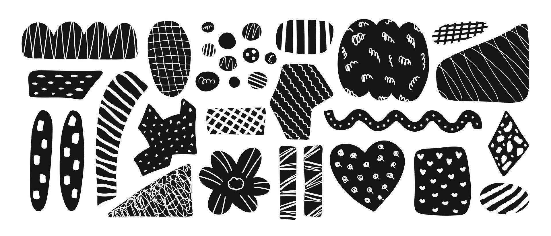 Trendy abstract geometric black shape set with modern elements doodles and texture. collage drawing style forms collection, background vector