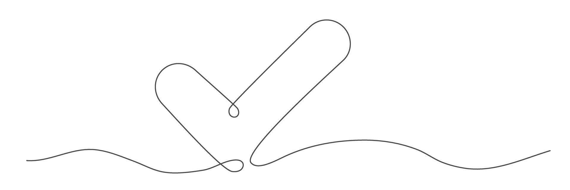 Continuous line check mark symbolizing approval, correctness, and success. Minimal one-line drawing design for modern web and graphic use. vector