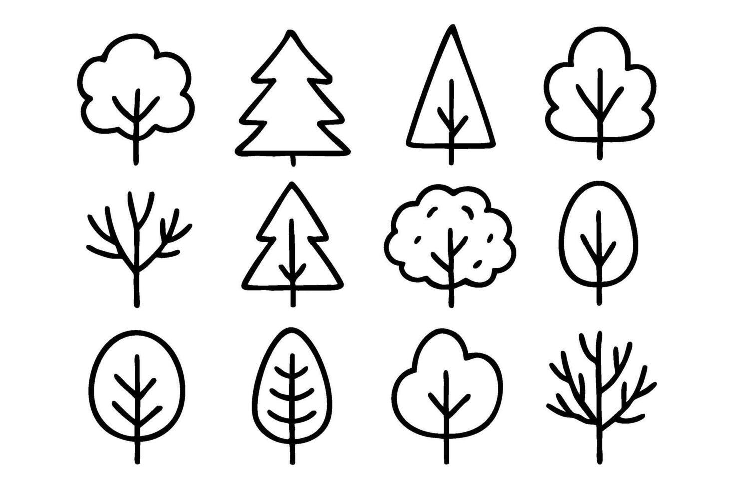 Trees doodle icon set. Nature elements and forest trees. vector