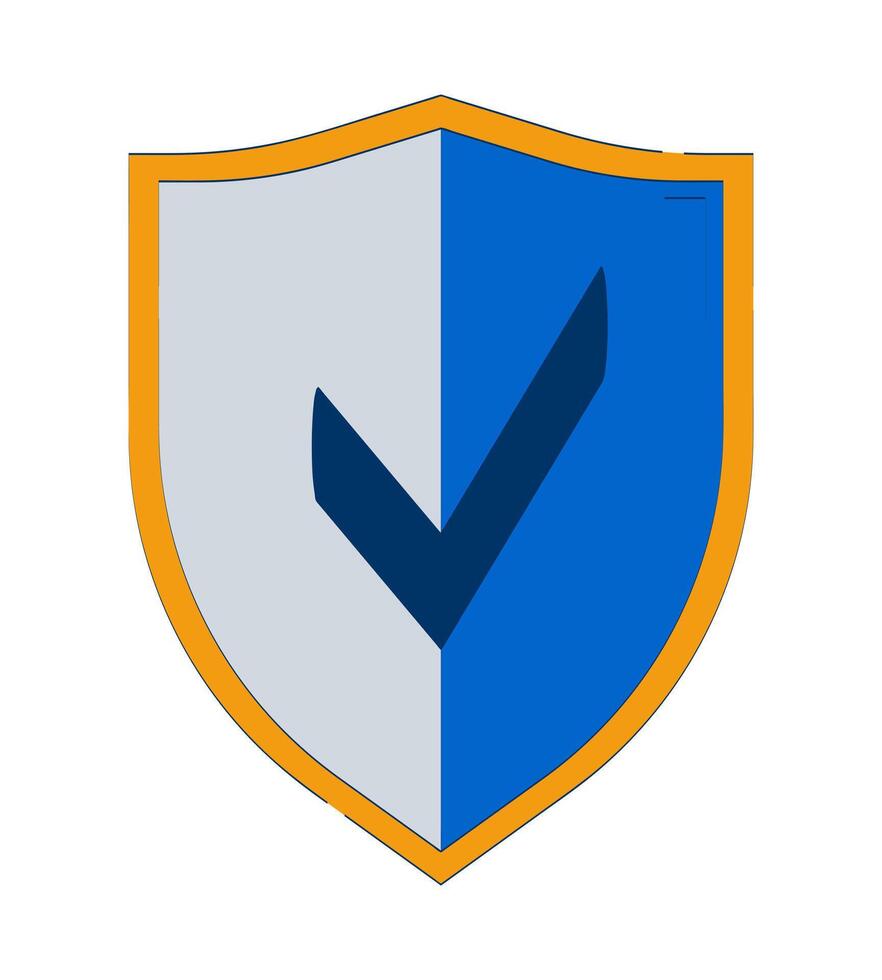 Split color shield with check mark 2D doodle object. Approval badge. Cyber defense. Protection emblem cartoon element flat clipart isolated on white background. Hand drawn illustration vector