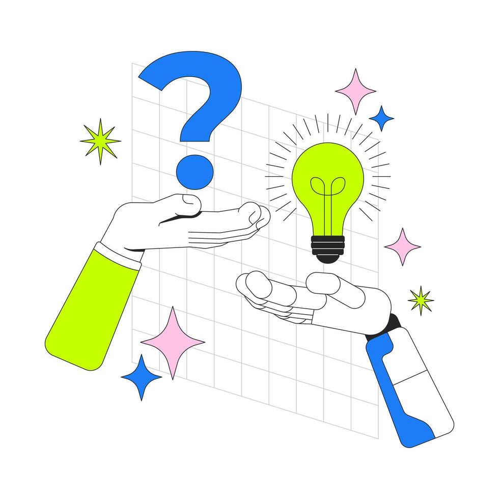 ai investigación 2d inducción ui ilustración. artificial inteligencia resolución de problemas humano con pregunta, robótico mano con bombilla solución dibujos animados concepto aislado en blanco. plano metáfora vector