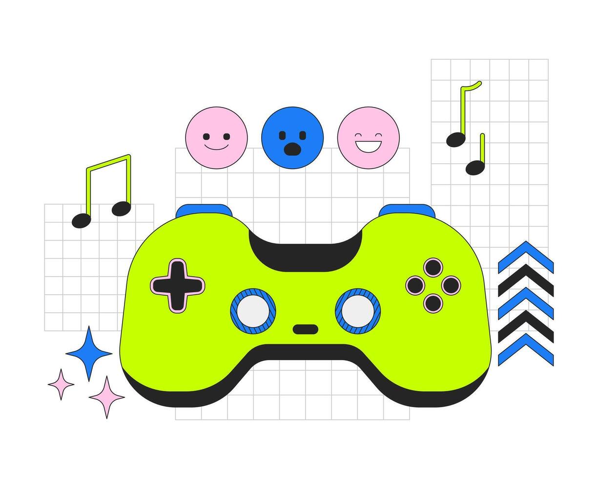 Gaming entertainment 2D onboarding ui illustration. Gamepad joy. Gamification. Game controller playing with emojis and music notes cartoon concept isolated on white. Flat abstract metaphor vector