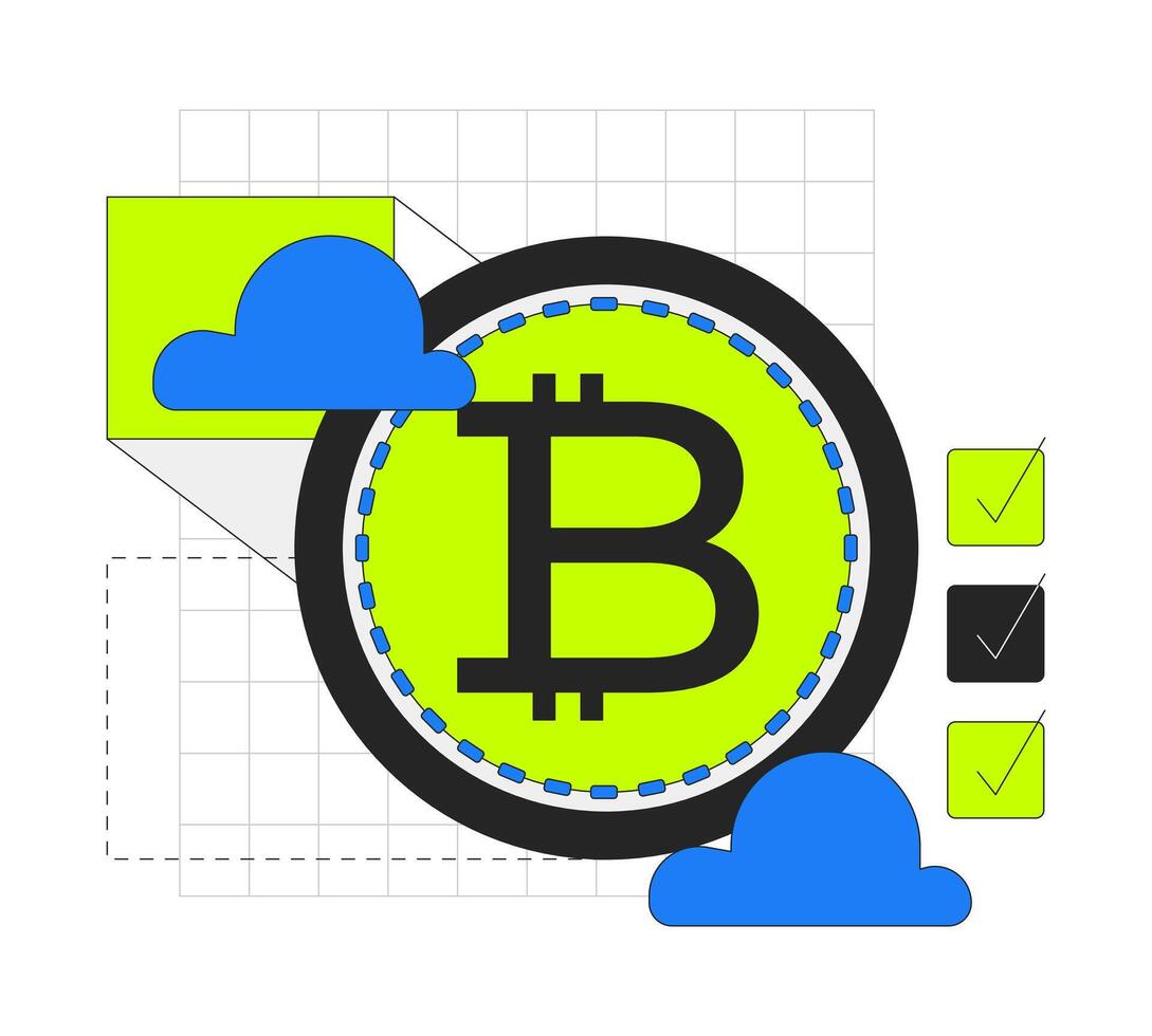Cryptocurrency 2D onboarding ui illustration. Cloud mining. Crypto validation. Bitcoin check marks. Financial tech. Virtual currency cartoon concept isolated on white. Flat abstract metaphor vector