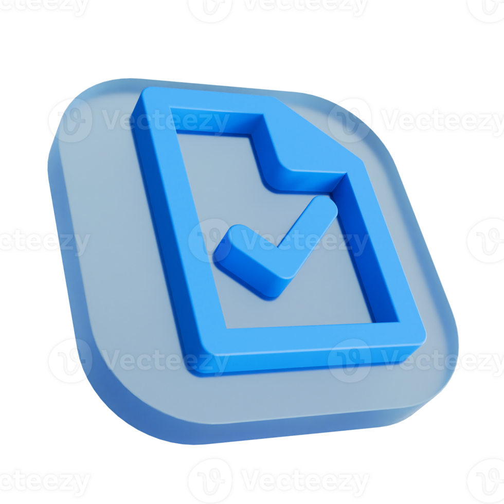 stilizzato 3d interpretazione di un' blu segno di spunta su un' trasparente documento icona significare compito completamento e riuscito digitale modulo sottomissione. png