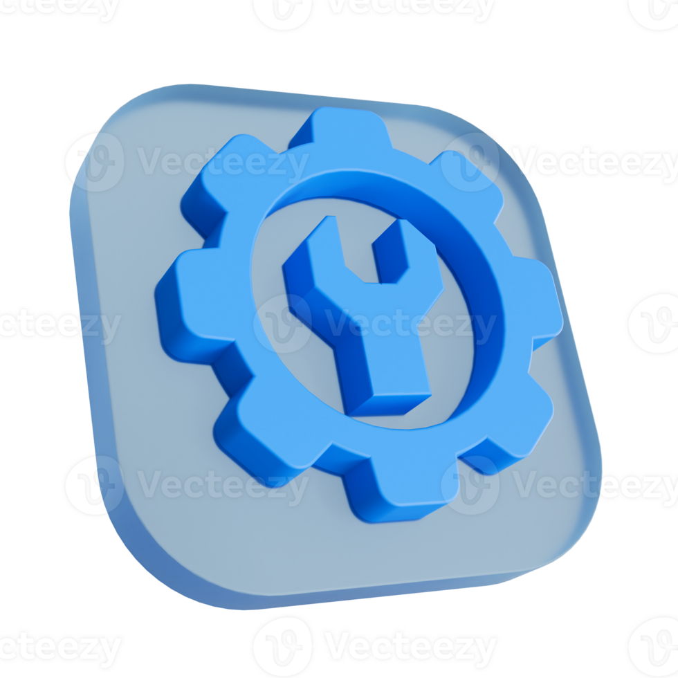 Stylized Blue 3D Gear and Wrench Icon on a Translucent Base Representing System Settings, Technical Support, and Maintenance Configuration. png