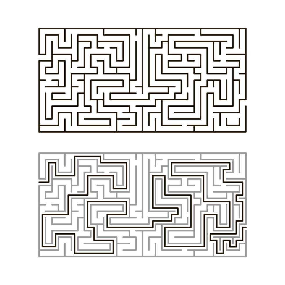 Intricate labyrinth, bending rectangle puzzle with ready solution. Finding way through maze, testing their navigation skills and problem-solving abilities. illustration on white background vector