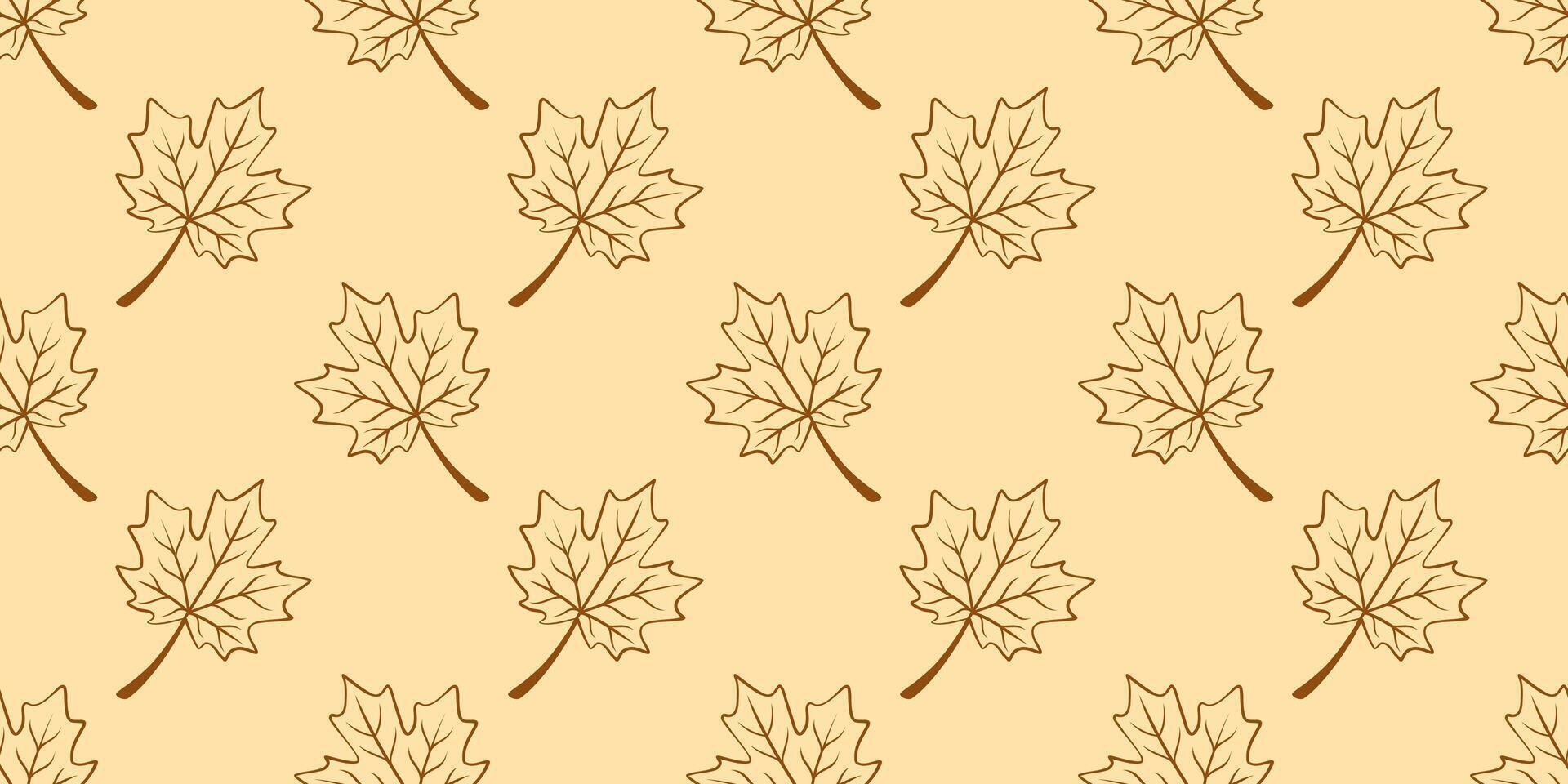 Fall season seamless line art pattern with maple leaves. Outline fall print. Thin line background. vector