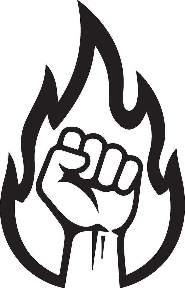 Fist raised in a bold flaming outline, symbolizing power, protest, revolution, strength, and active resistance on a clean background vector