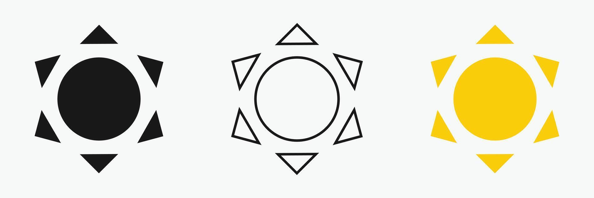 Sun icon set , including shining rays, sunset designs, Three sun symbols are displayed in a row. vector