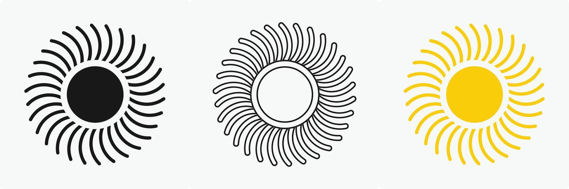 Sun icon set , including shining rays, sunset designs, Three abstract sun designs are displayed against a white background. vector