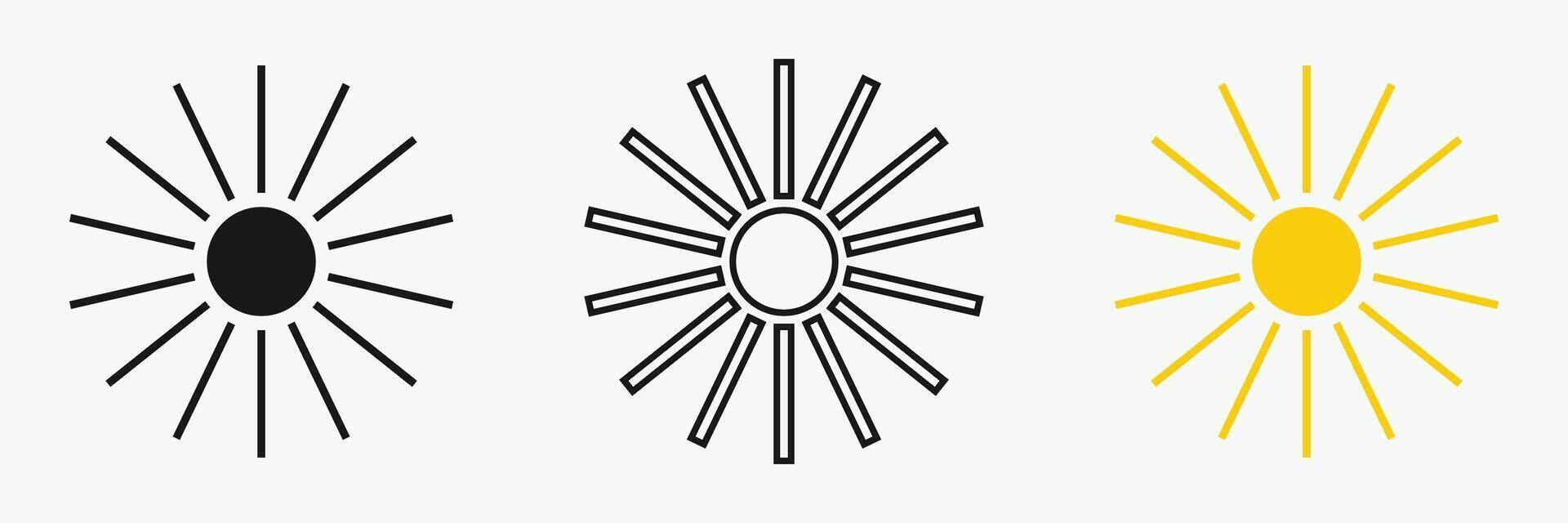 Sun icon set , including shining rays, sunset designs, Each icon consists of a circular center with radiating straight lines. vector