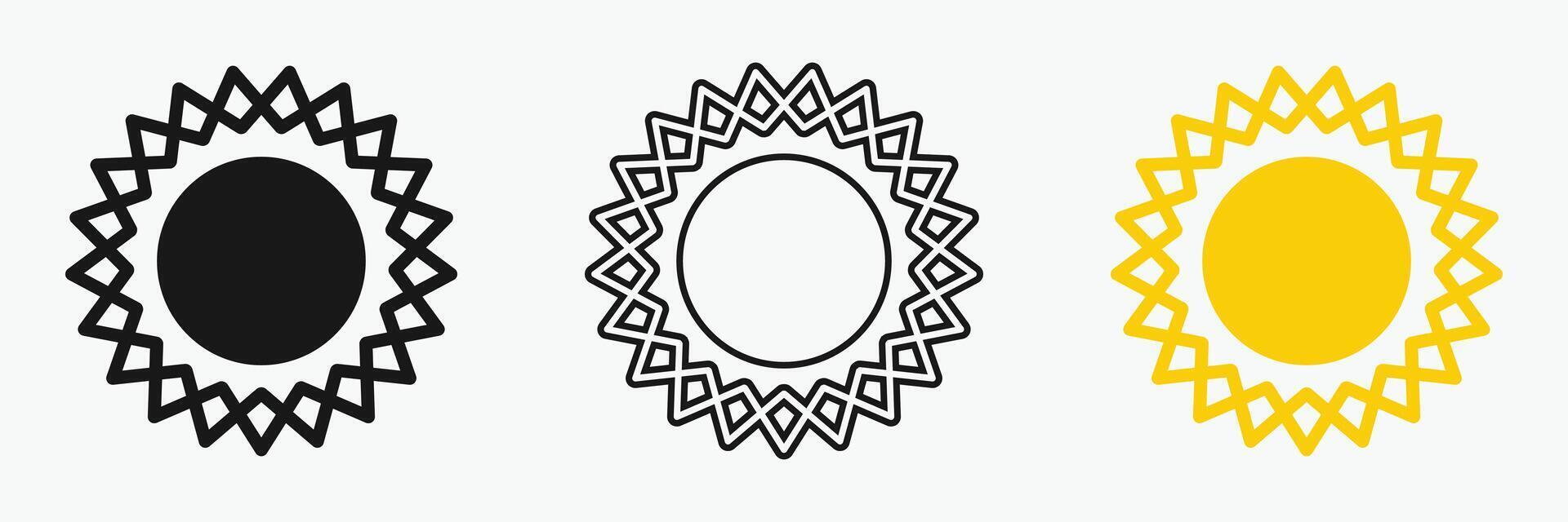 Sun icon set , including shining rays, sunset designs, Three circular geometric designs featuring star-like patterns. vector