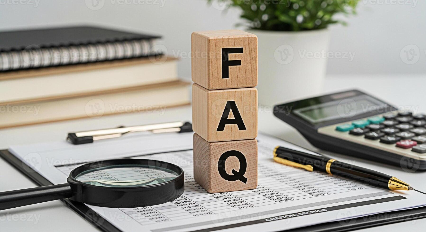 Wooden blocks spelling FAQ on a financial document in a bright office setting representing frequently asked questions and information with a calculator pen magnifying glass and books for a detailed an photo