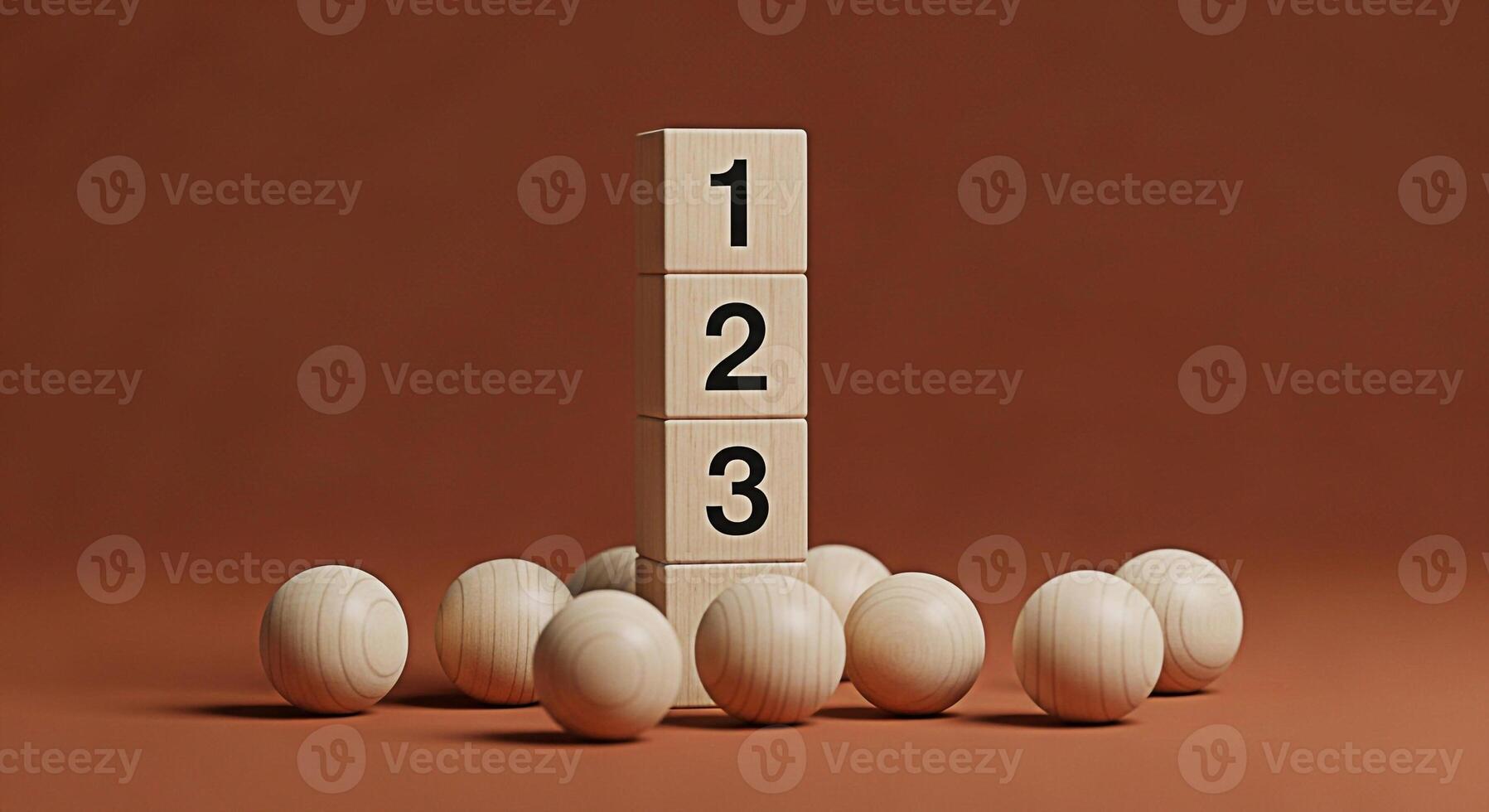 Wooden blocks displaying numbers stacked high on a brown surface surrounded by wooden balls representing a countdown sequence or priority in a minimalist and clean studio setting conveying simplicity photo