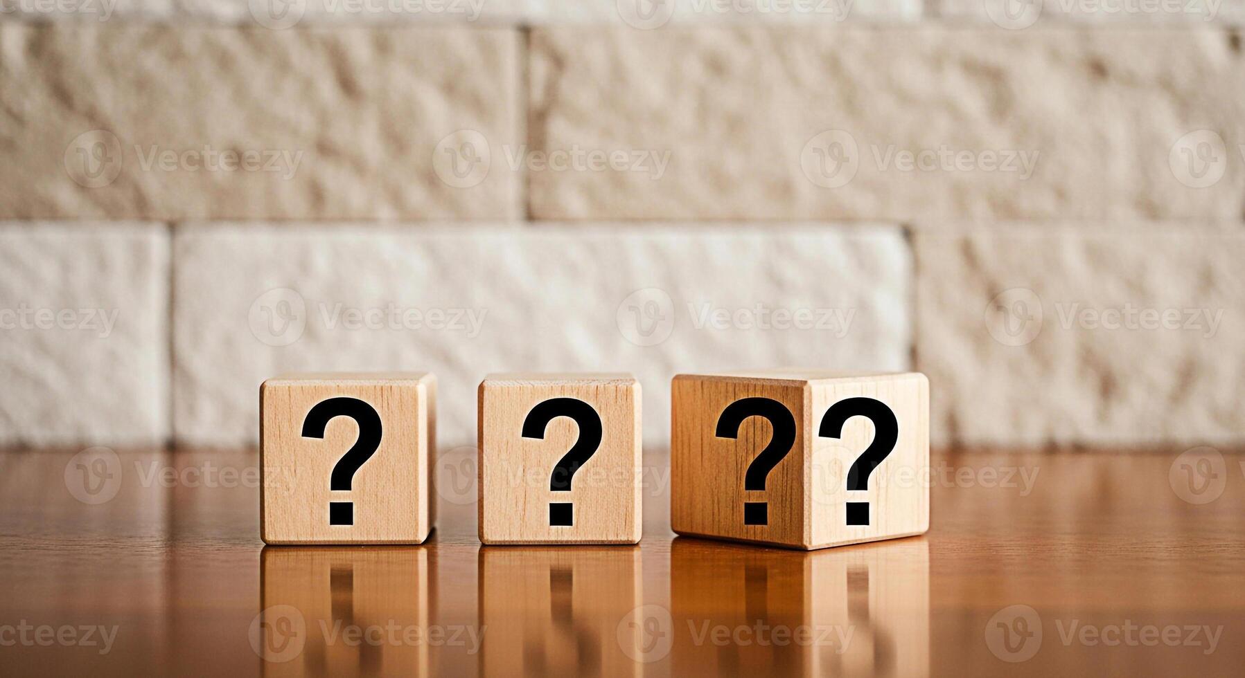 Three wooden blocks displaying question marks on a polished wooden surface against a textured brick wall symbolizing uncertainty inquiry and the search for answers in a thoughtprovoking composition photo
