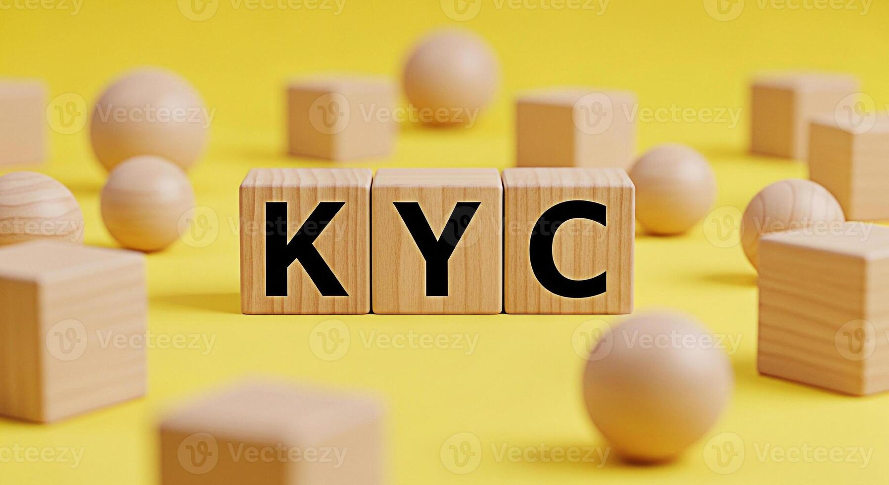 KYC letters displayed on wooden blocks amidst geometric shapes against a vibrant yellow backdrop symbolizing identity verification and regulatory compliance in a modern and minimalist setting photo