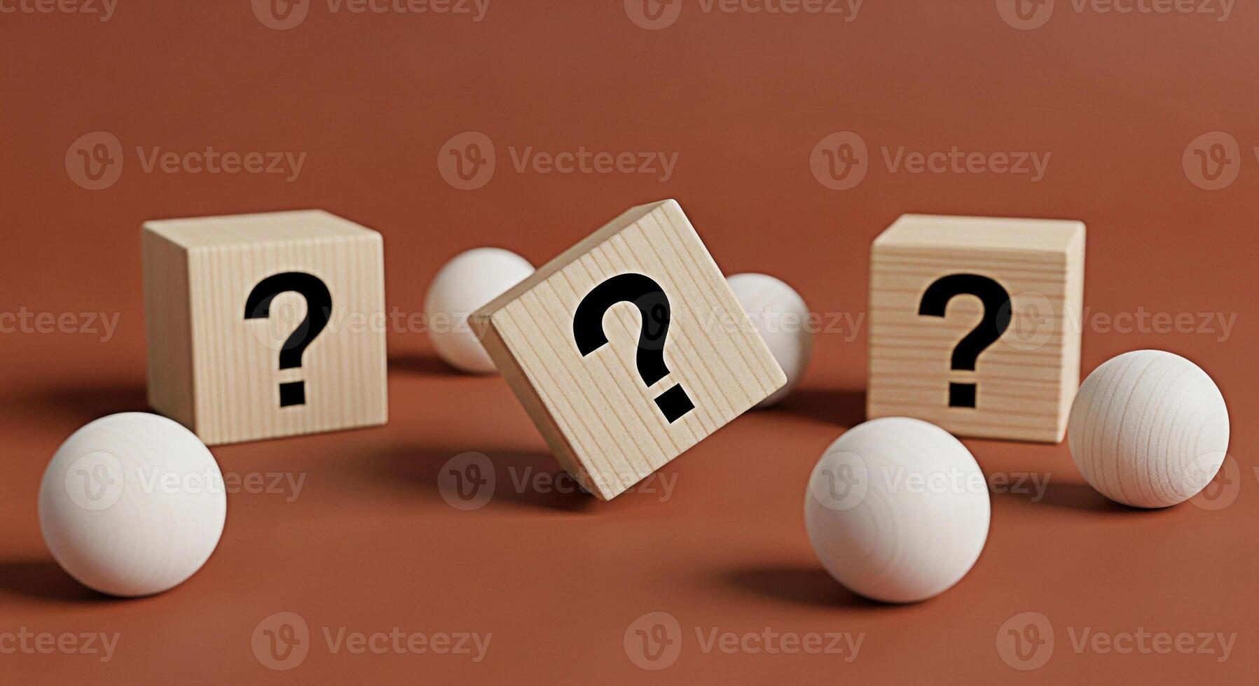Wooden blocks displaying question marks amidst white spheres on a brown surface symbolizing uncertainty and the search for answers in a minimalist and thoughtprovoking composition photo