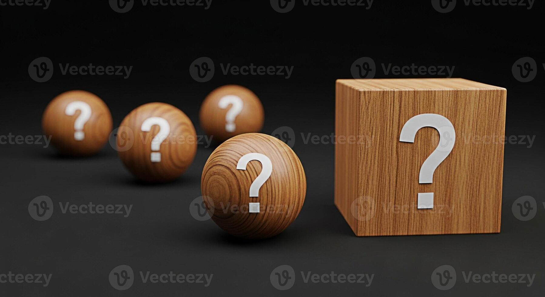 Wooden spheres and a cube displaying question marks on a dark surface symbolizing uncertainty mystery and the search for answers in business education and personal development contexts photo