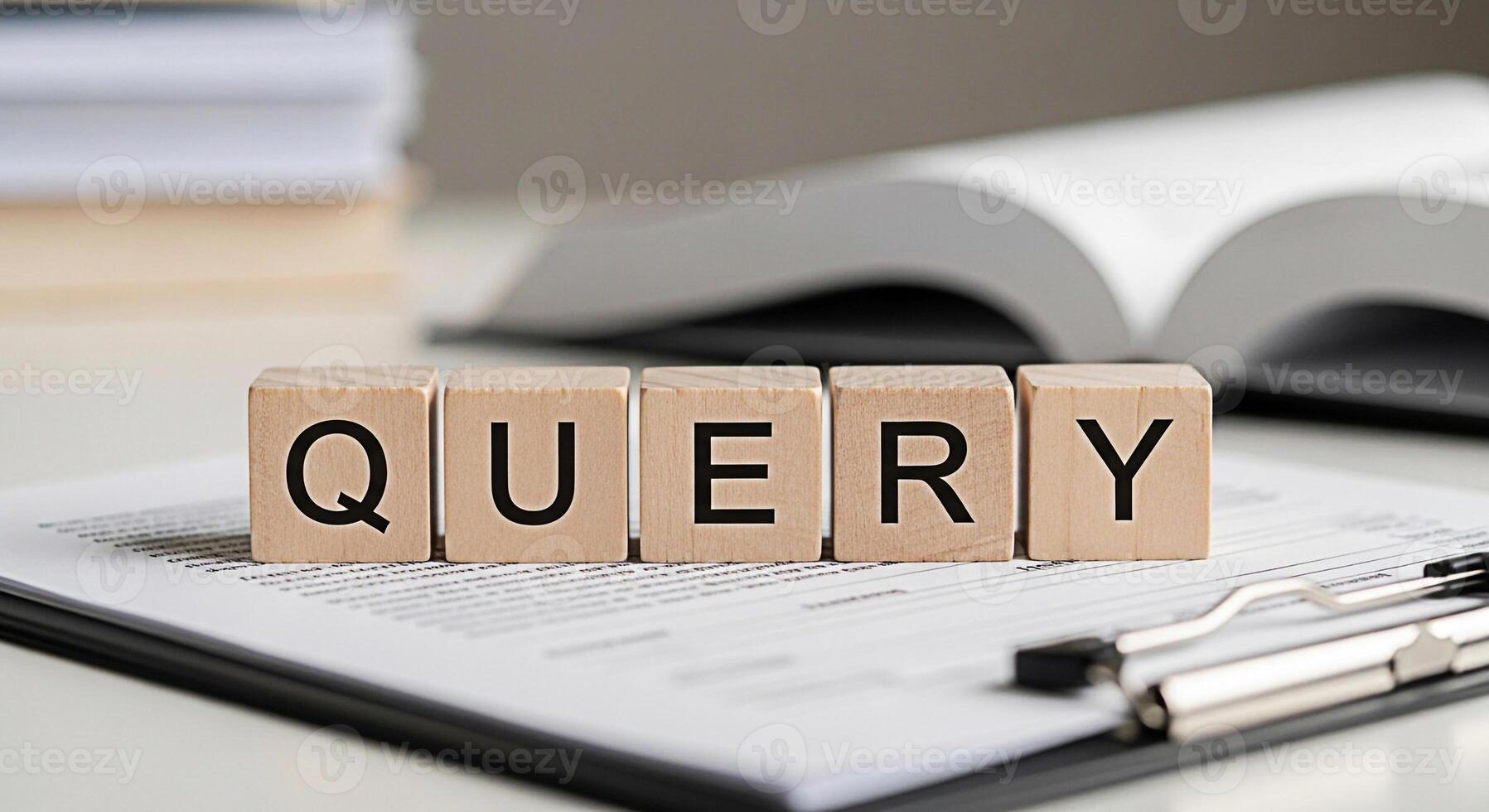 Wooden blocks spelling QUERY resting on a document in a bright office environment representing information retrieval search and the importance of asking questions for knowledge and understanding photo