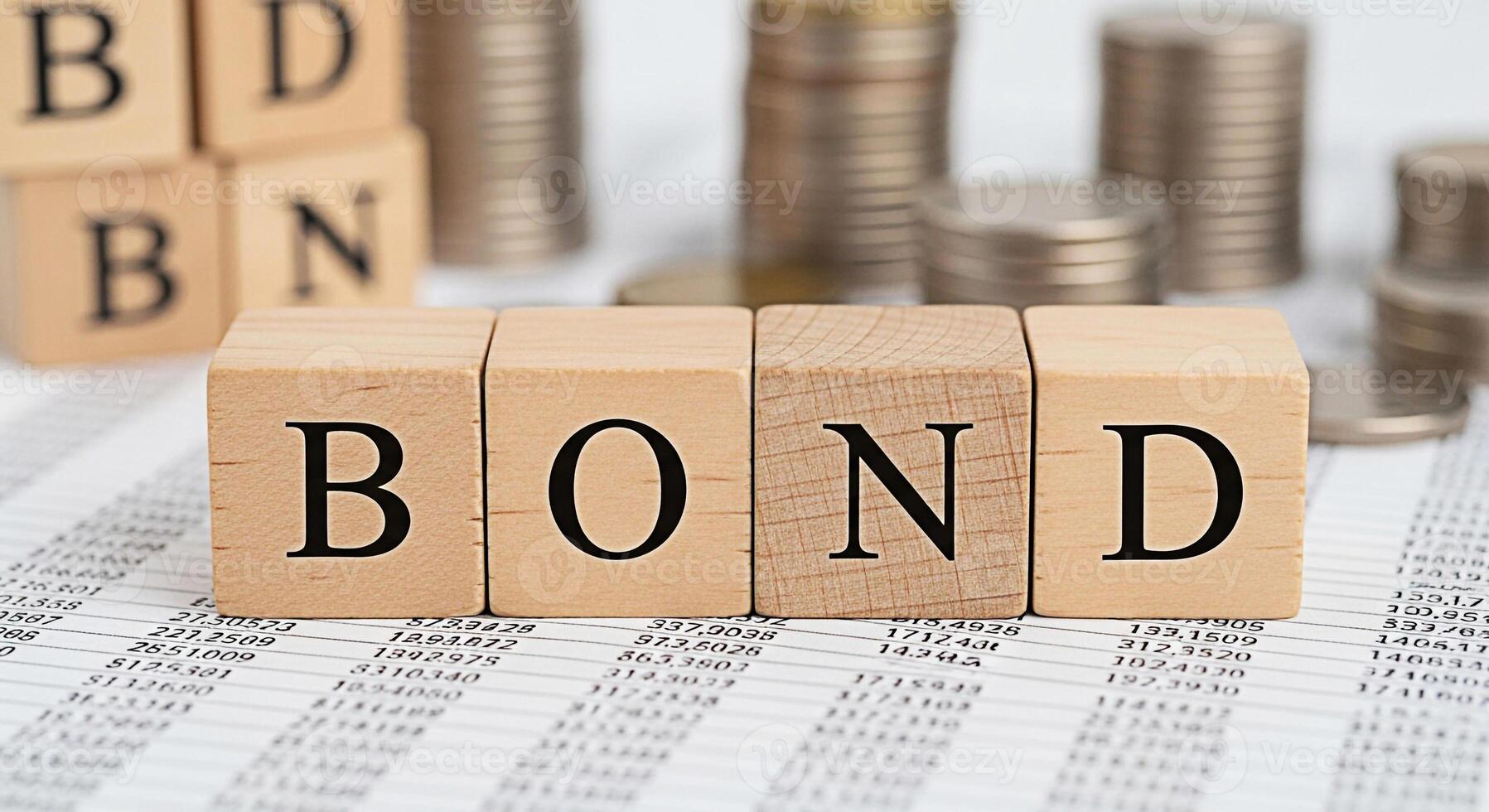 Wooden blocks spelling BOND resting on financial data sheets with stacks of coins in the background representing investment financial security and a sense of stability and trust in financial markets photo