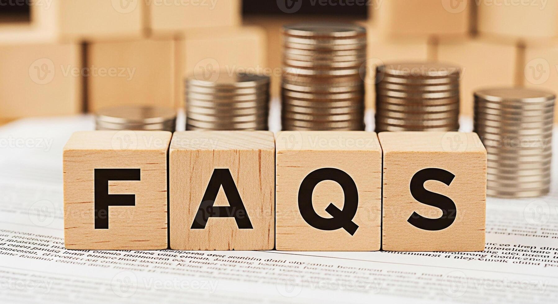 Wooden blocks spelling FAQs placed on a document with stacks of coins in the background representing frequently asked questions about finance and investment creating a sense of clarity and information photo