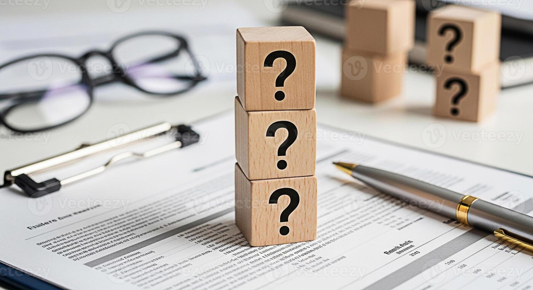 Stacked wooden blocks displaying question marks on a white desk with financial documents a pen and glasses representing uncertainty problemsolving and the need for answers in business photo