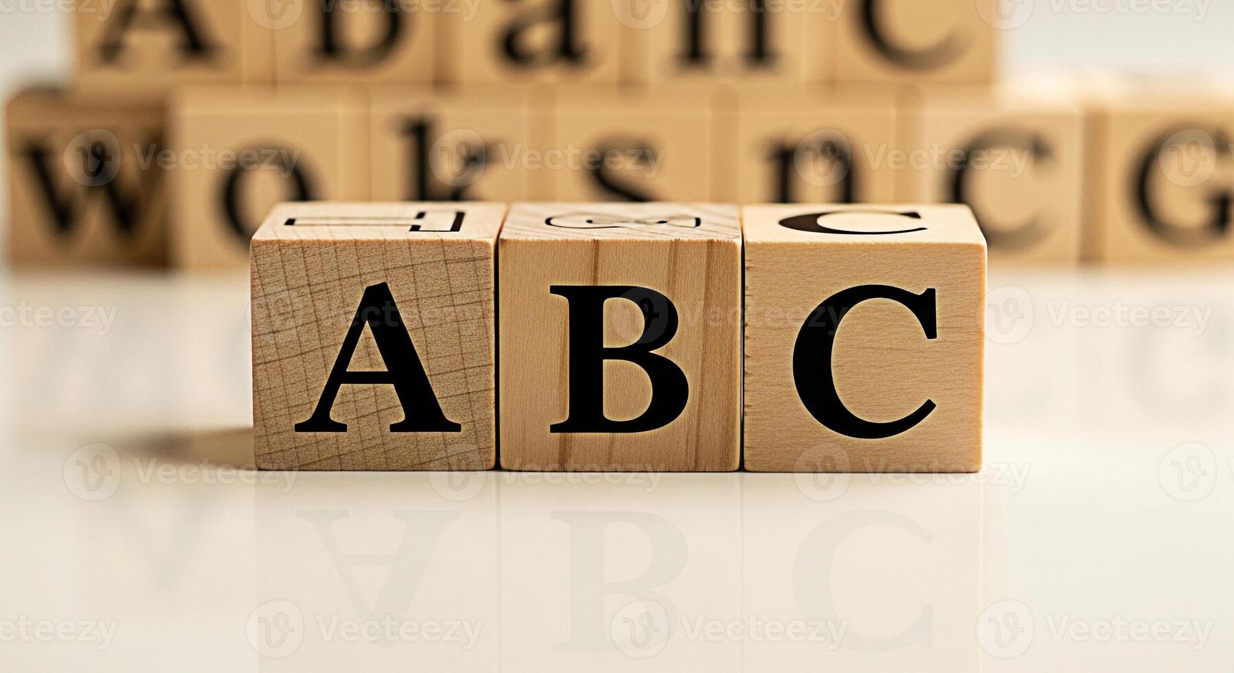 Wooden alphabet blocks displaying ABC on a reflective surface representing early childhood education and playful learning in a bright minimalist setting fostering a sense of curiosity and foundational photo