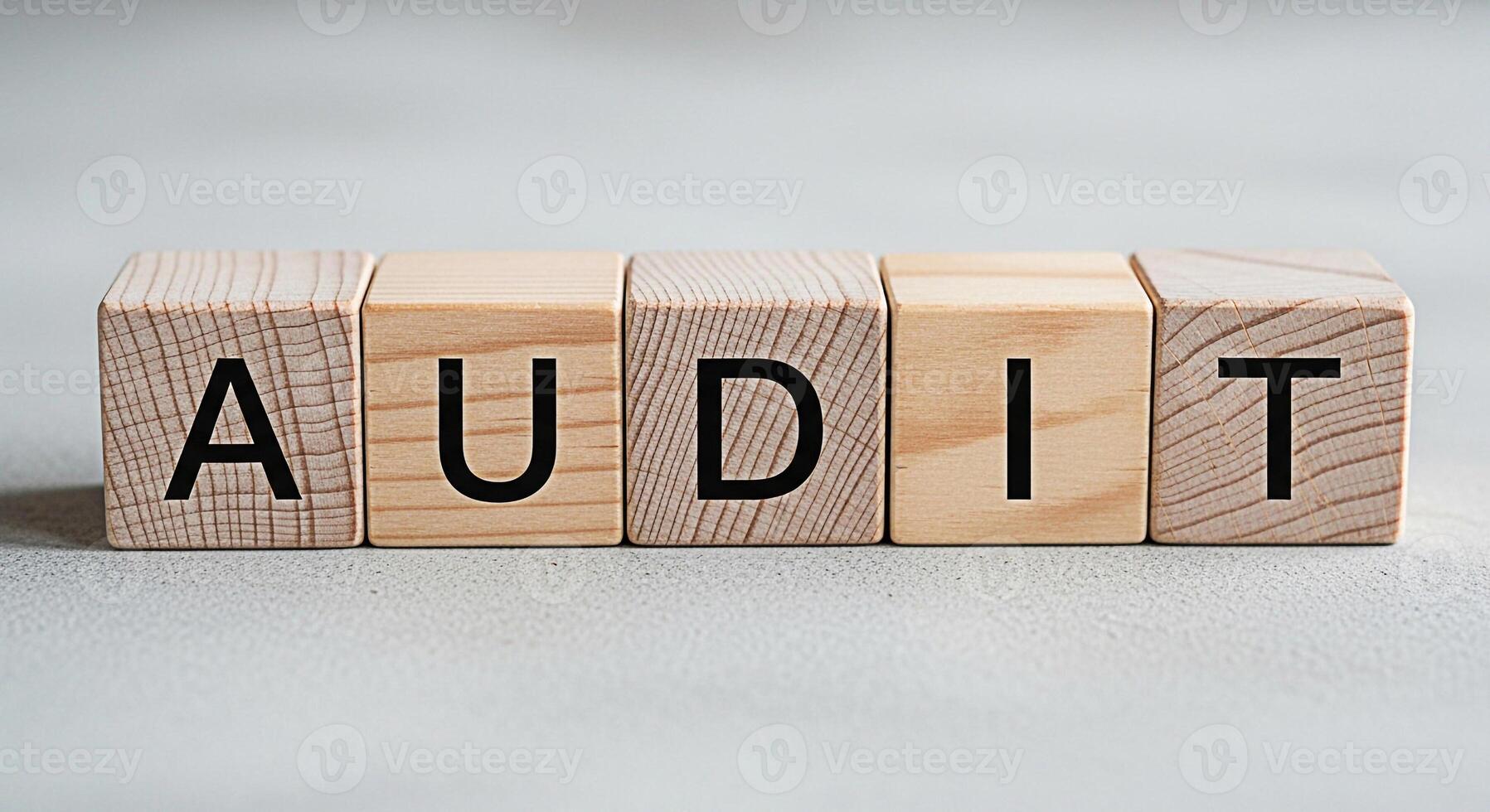 Wooden blocks spelling AUDIT on a neutral surface representing financial examination and verification symbolizing accuracy transparency and accountability in business and accounting practices photo