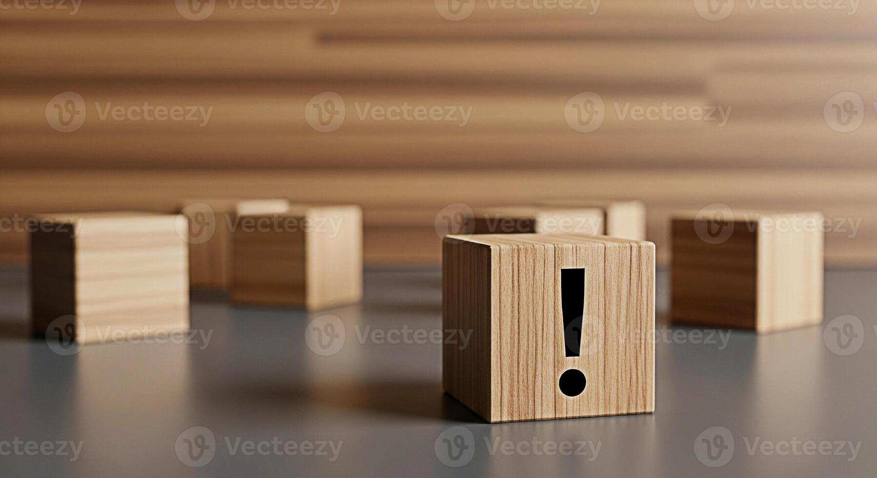 Wooden block displaying an exclamation mark standing out among other blocks on a reflective surface against a wooden background symbolizing attention warning and problemsolving in a minimalist setting photo
