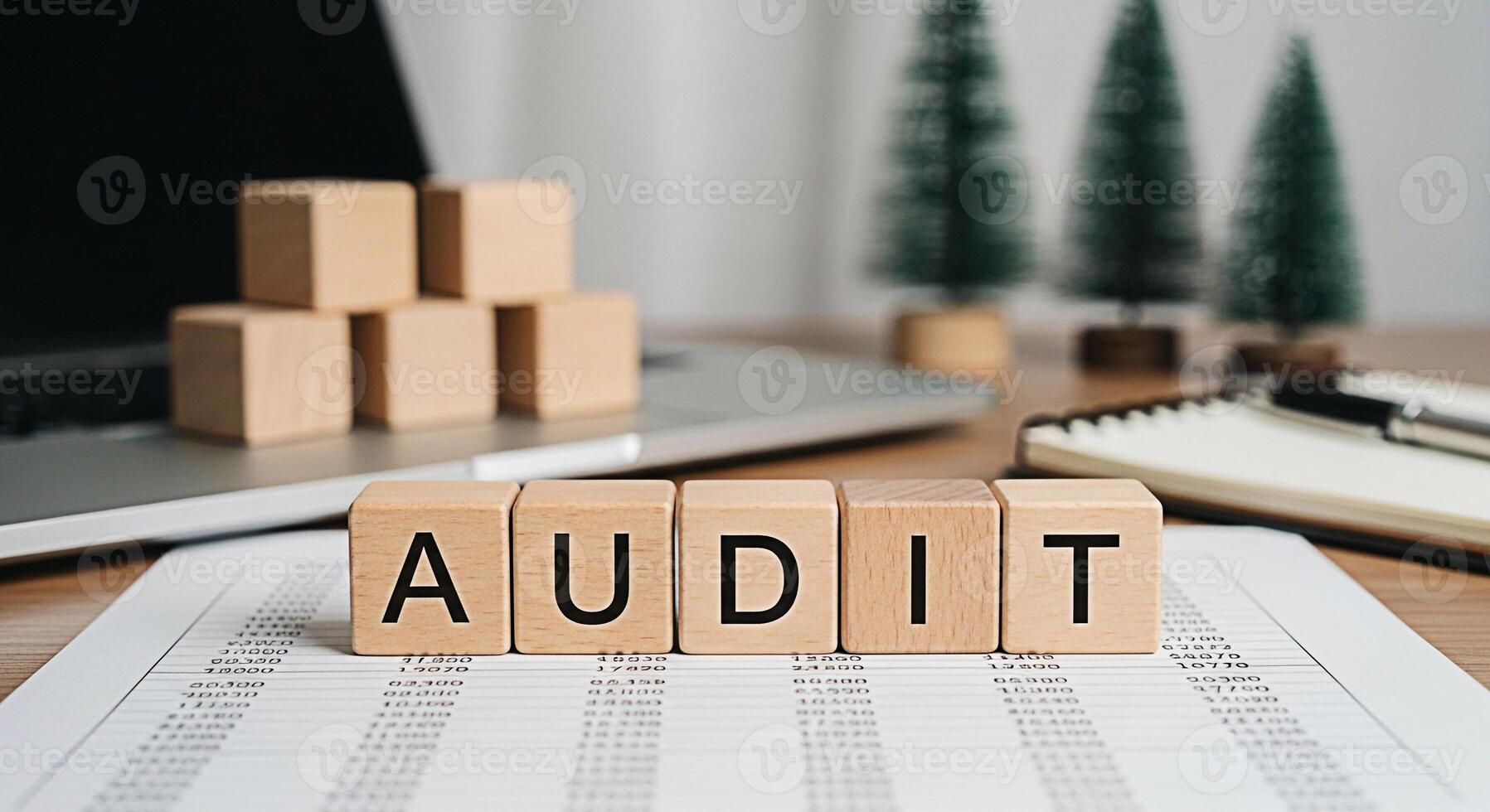 Wooden blocks spelling Audit resting on financial documents in a bright office setting symbolizing financial review and accuracy with a laptop and Christmas trees in the background creating a festive photo