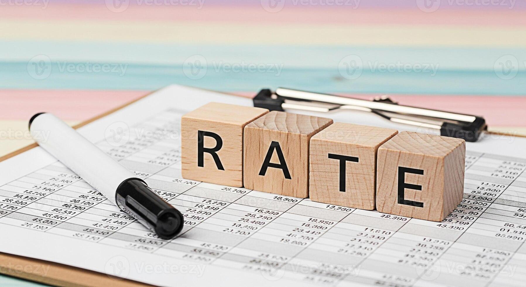 Wooden blocks spelling RATE on a financial report with a marker and clipboard in a bright modern office setting representing interest rates and financial analysis for business success photo