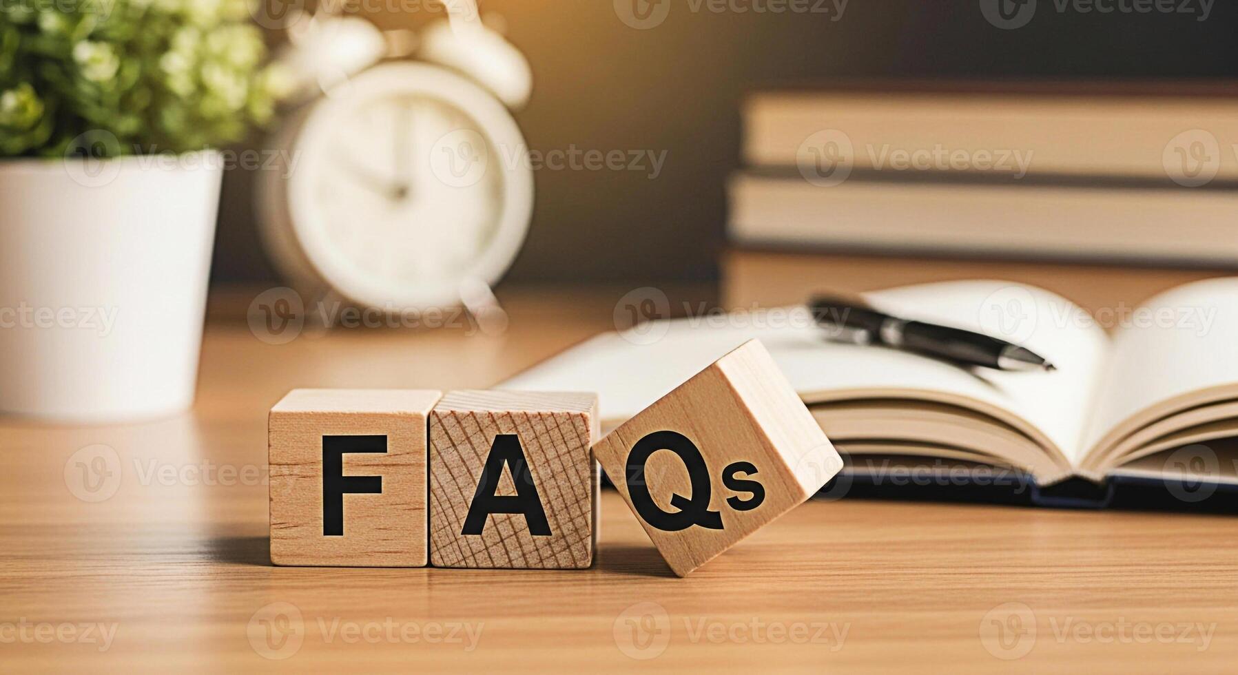 Wooden blocks spelling FAQs on a wooden desk with an open notebook and pen creating a learning environment and suggesting frequently asked questions knowledge base and customer support resources photo