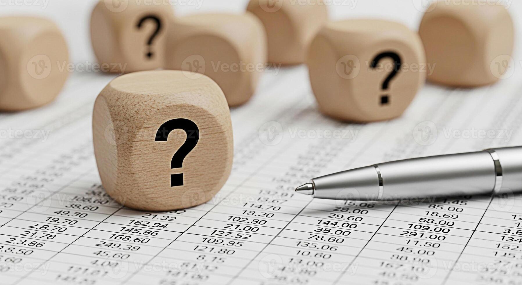 Wooden dice displaying question marks resting on a financial spreadsheet with a pen symbolizing uncertainty in business analytics and investment decisions in a complex economic environment photo