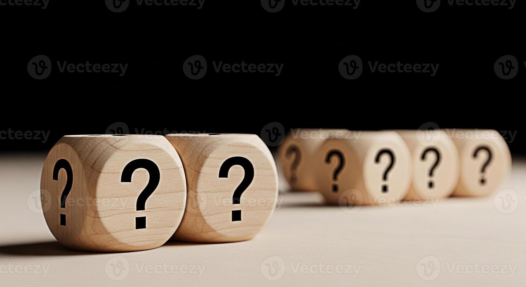 Wooden dice displaying question marks on a neutral surface representing uncertainty and the need for answers in a business or educational setting creating a sense of mystery and intrigue photo