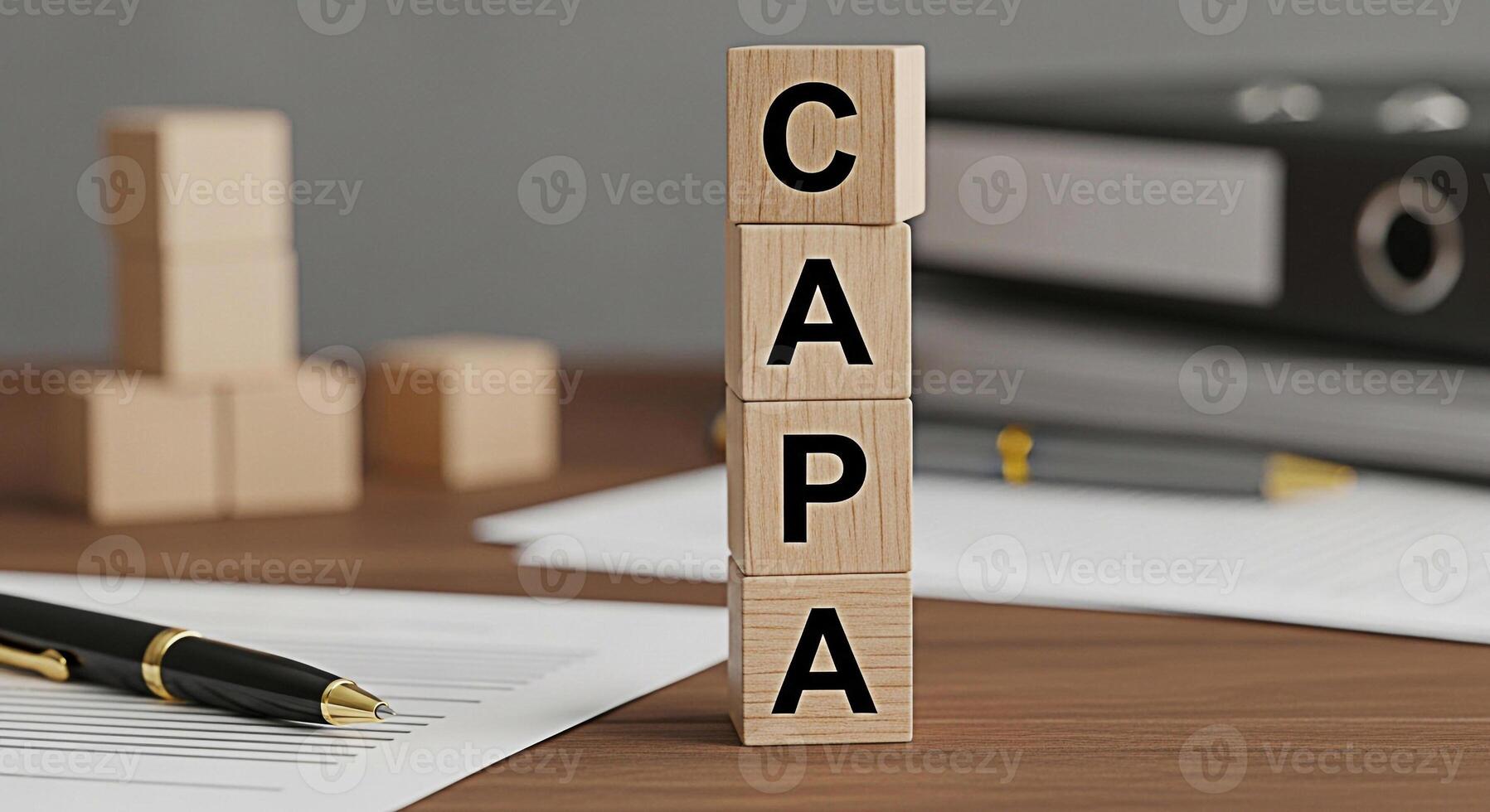 Wooden blocks displaying CAPA on a desk with pen and documents symbolizing corrective and preventive action in a professional setting conveying a sense of quality control and continuous improvement photo