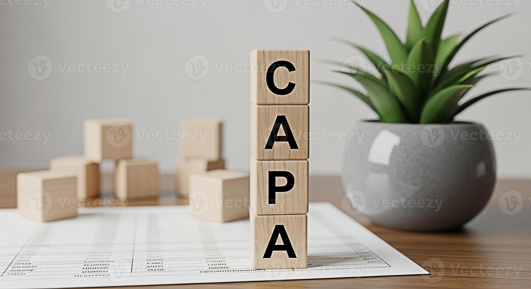 CAPA wooden blocks stacked on a desk in a bright office environment symbolizing corrective and preventive actions for quality control and continuous improvement in business and manufacturing processes photo