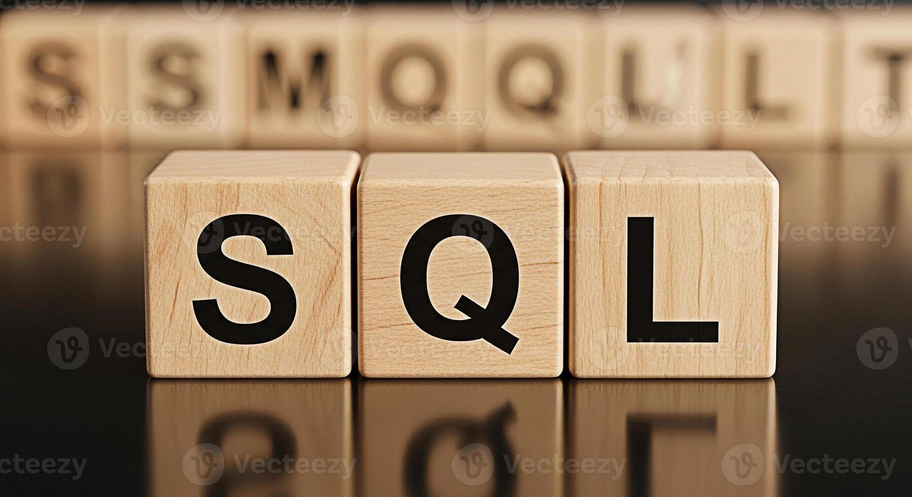 de madera bloques ortografía sql en un reflexivo superficie representando base de datos administración y datos preguntando en un limpiar minimalista ajuste simbolizando estructurado datos y relacional bases de datos foto