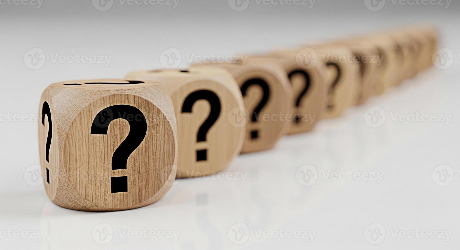 Line of wooden dice displaying question marks on a white surface symbolizing uncertainty doubt and the need for answers in a clean minimalist setting evoking curiosity and problemsolving photo