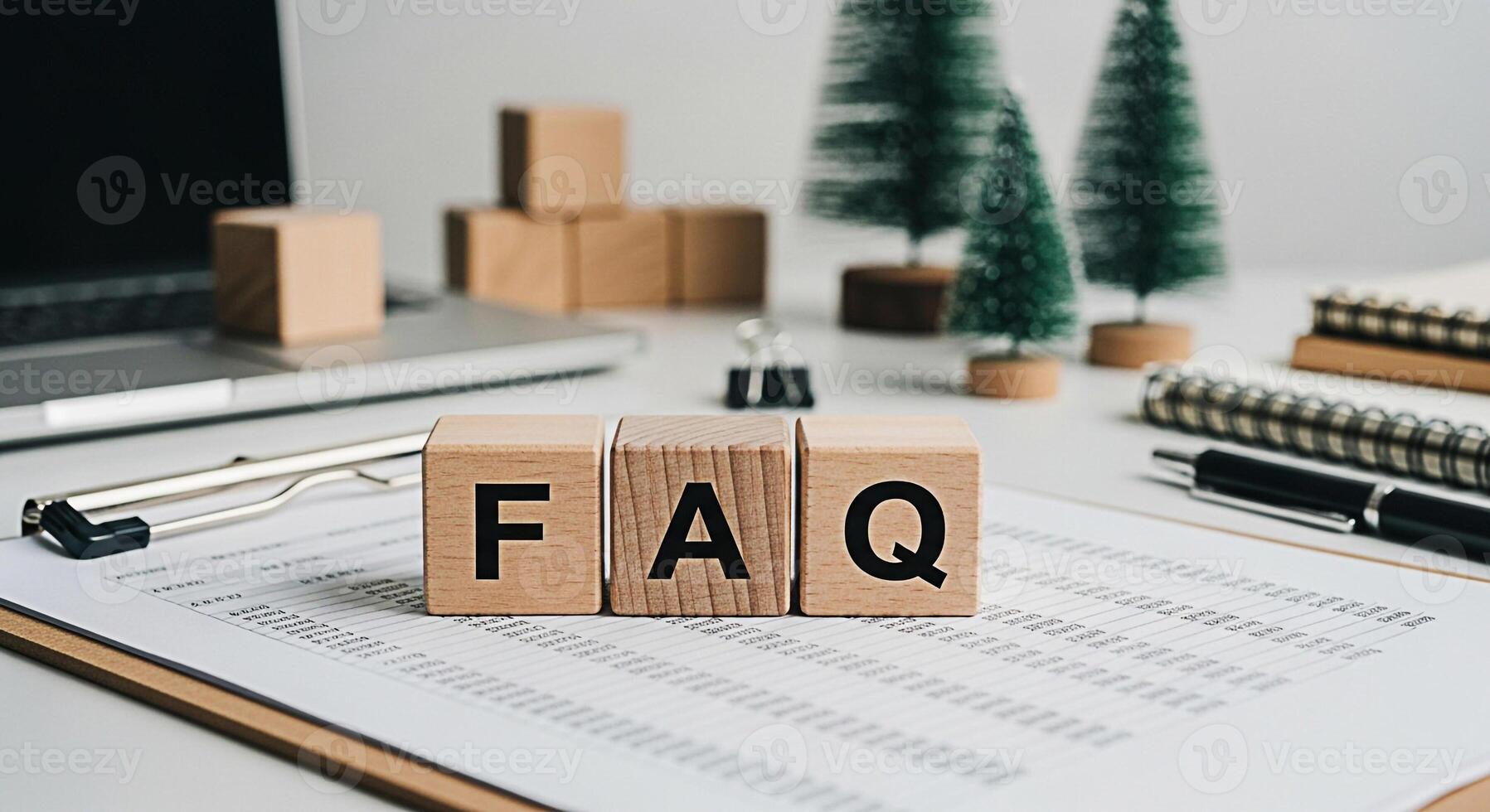 Wooden blocks displaying FAQ on a bright office desk with laptop and decorative trees representing frequently asked questions and information access in a modern organized workspace photo