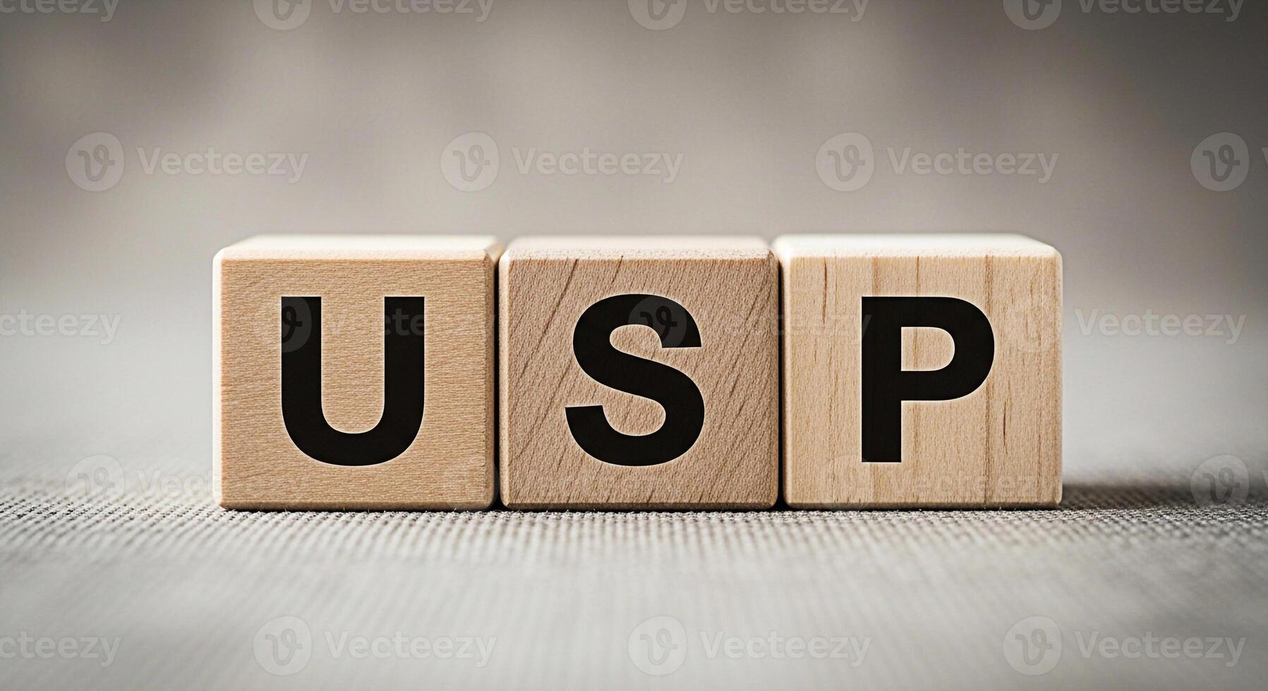Wooden blocks displaying USP on a textured surface representing a unique selling proposition in a business context emphasizing differentiation and competitive advantage for marketing and branding succ photo
