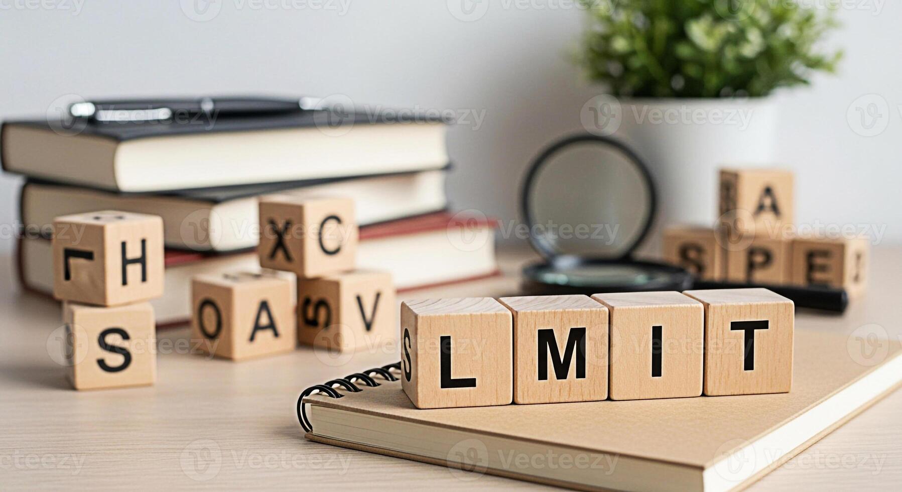 Wooden blocks spelling LIMIT resting on a notebook in a bright organized office environment symbolizing boundaries restrictions and the importance of setting and respecting limits for productivity and photo