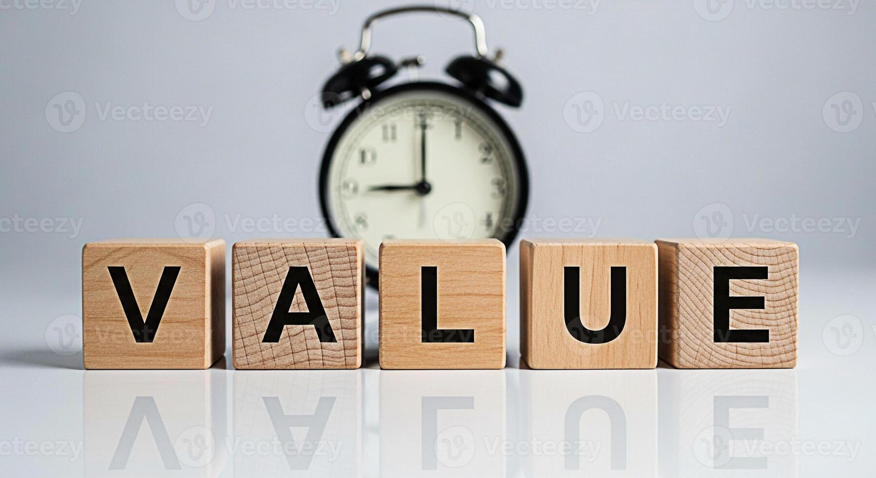 Wooden blocks spelling VALUE with a clock in the background emphasizing the importance of time management and the concept of valuing time in a simple clean studio setting conveying a sense of urgency photo