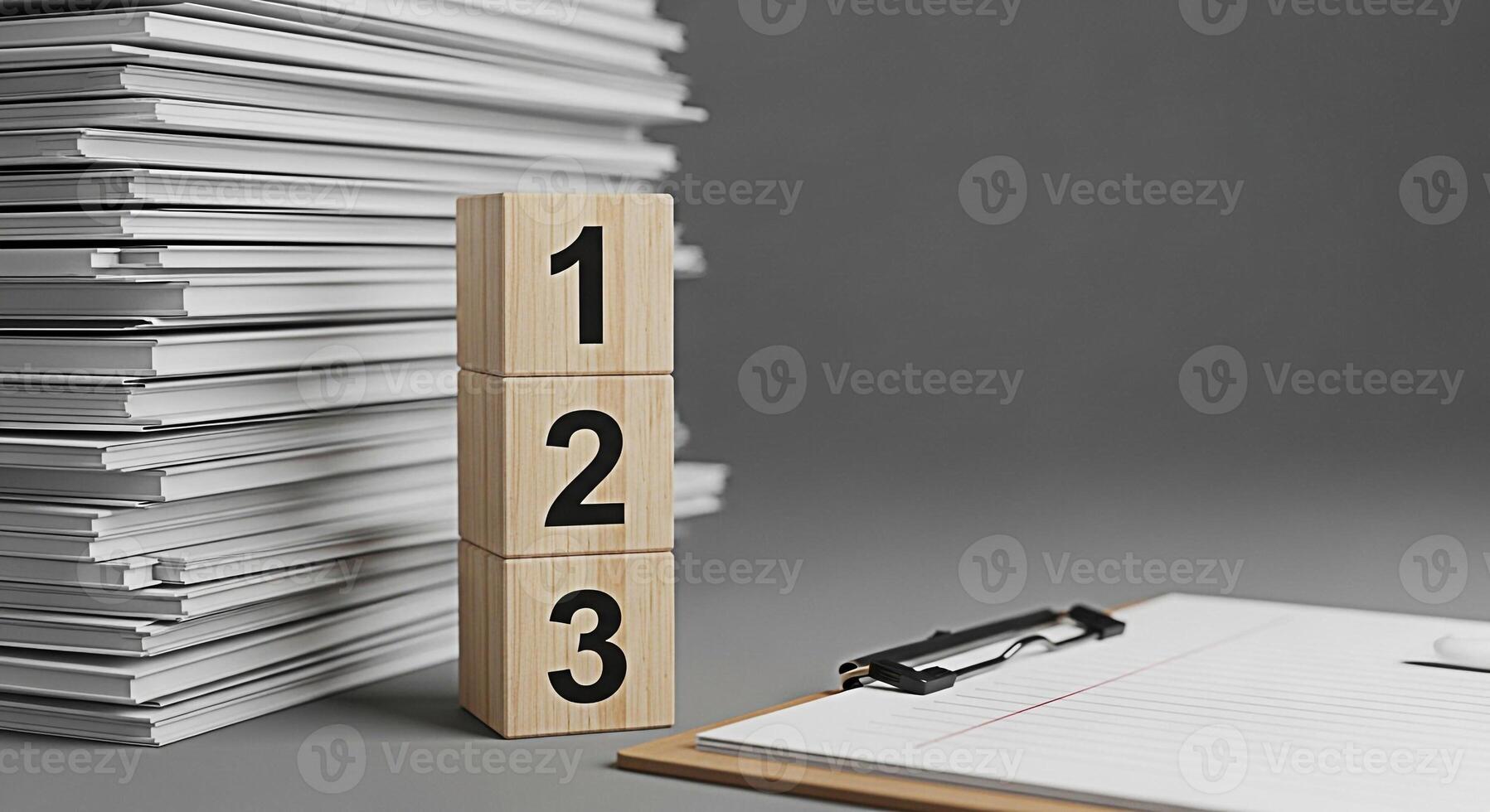 Wooden blocks displaying numbers stacked next to a pile of papers and a clipboard on a gray desk representing organization prioritization and a structured approach to tasks and workflow photo