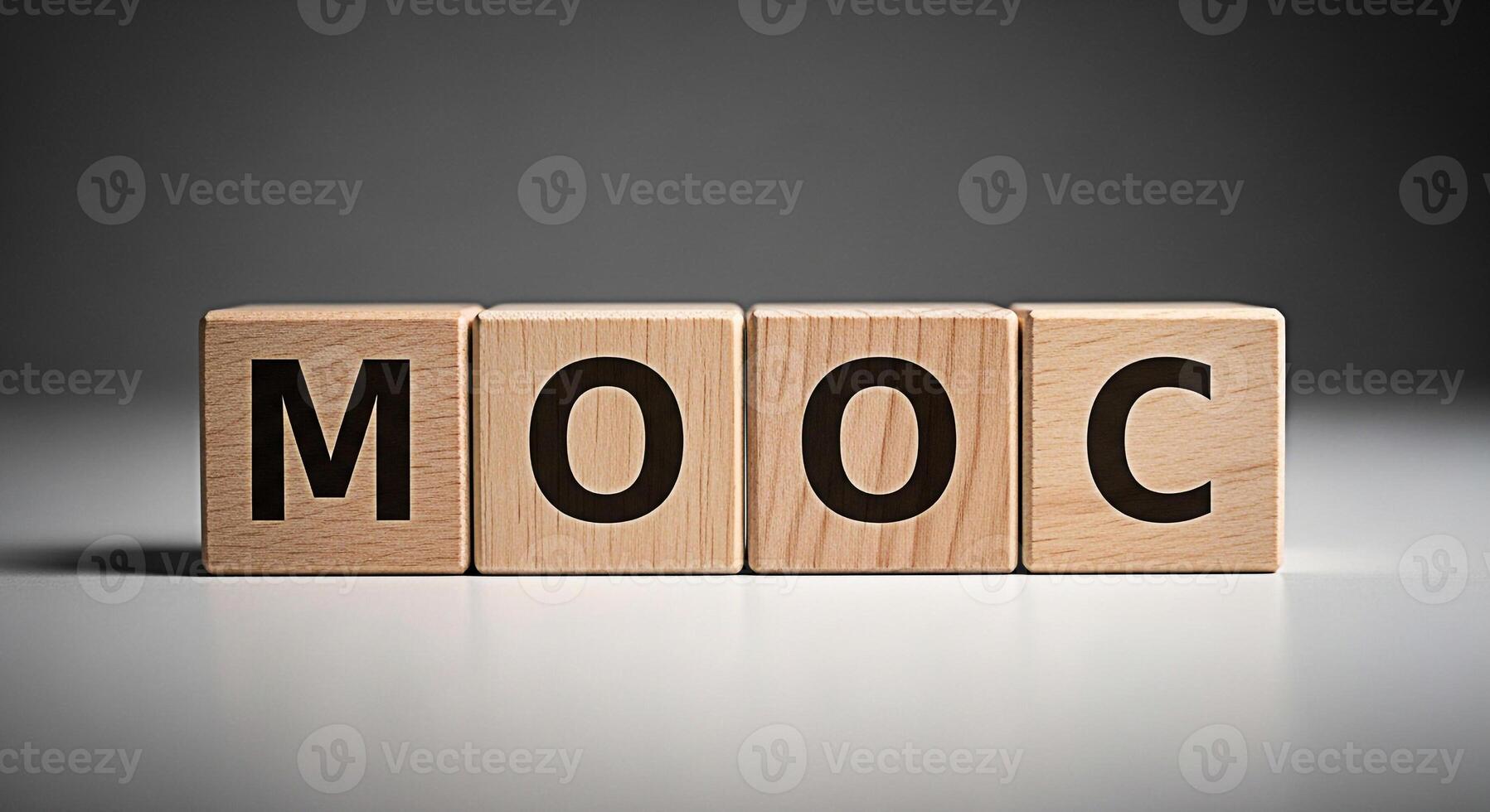 Wooden blocks spelling MOOC on a white surface in a studio setting representing online education and the concept of accessible learning for a global audience promoting knowledge and skill development photo