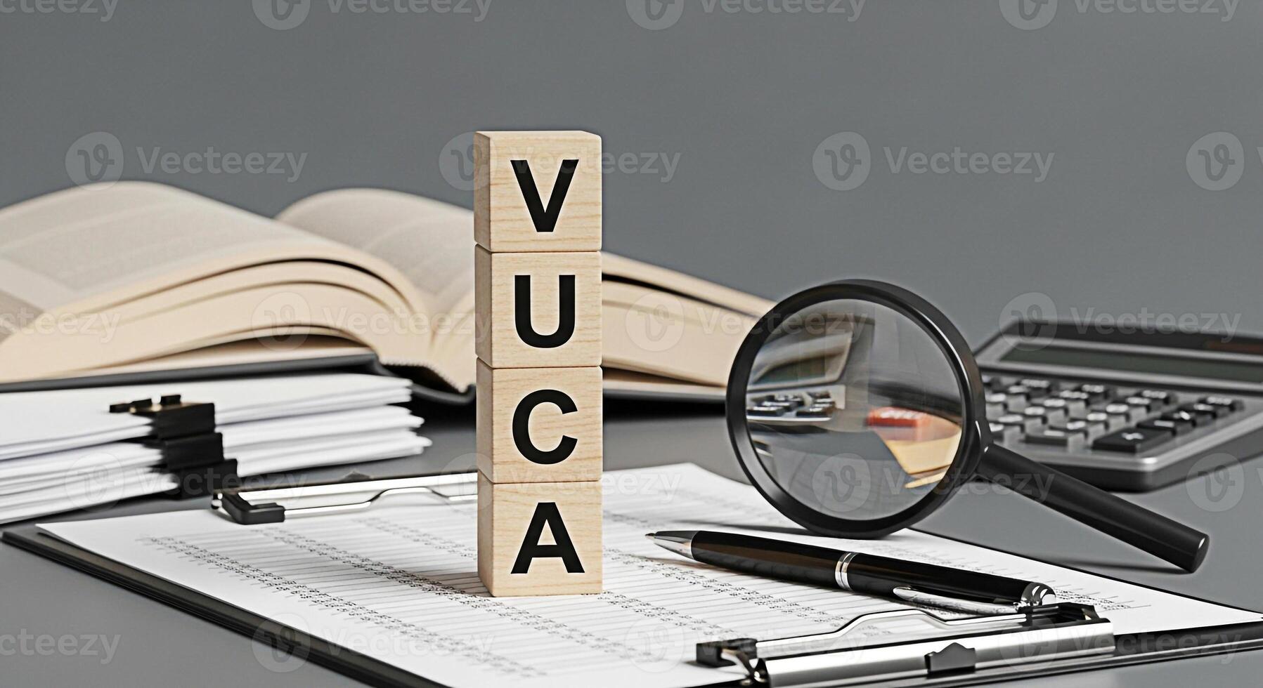 VUCA wooden blocks sitting on a financial document in a corporate office symbolizing volatility uncertainty complexity and ambiguity in business strategy and decisionmaking processes with a magnifying photo