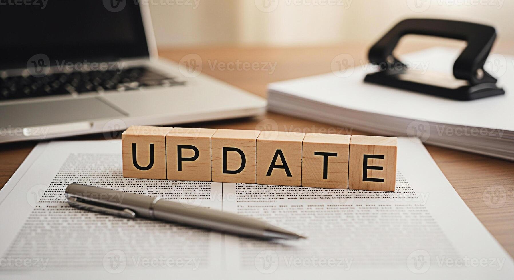 Wooden blocks spelling UPDATE rest on a document in a modern office setting symbolizing the need for continuous improvement and adaptation in business and personal growth with a laptop and office supp photo