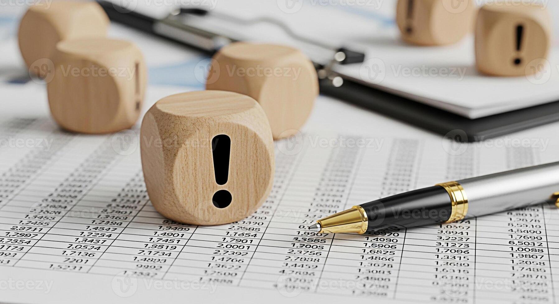Wooden dice with exclamation mark on financial data sheet emphasizing risk assessment and critical decisionmaking in business strategy and investment planning highlighting potential problems photo