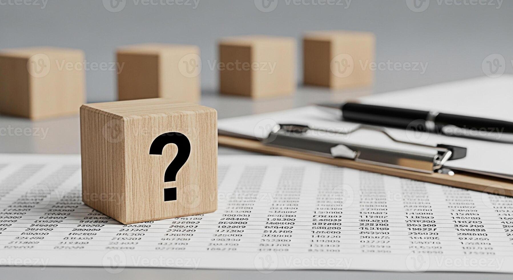 Wooden block displaying a question mark resting on financial data sheet with a pen and clipboard in a neutral setting representing uncertainty in business and investment decisions photo